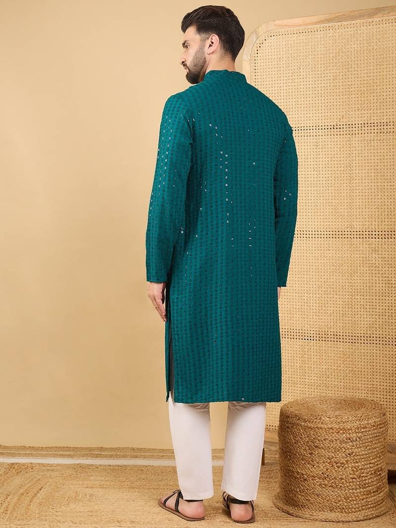 Men's teal viscose rayon solid embroidered straight chikankari kurta