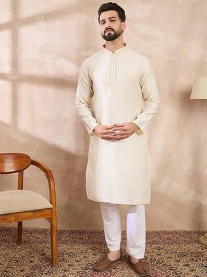 Men off white silk blend solid embroidered straight kurta with trouser 2