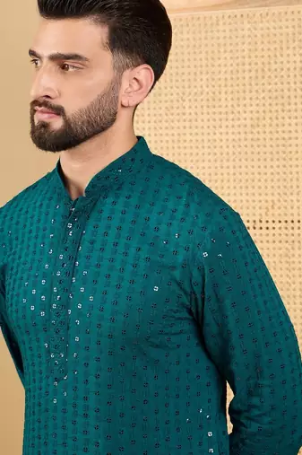 Men's teal viscose rayon solid embroidered straight chikankari kurta