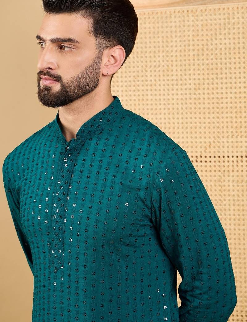 Men's teal viscose rayon solid embroidered straight chikankari kurta