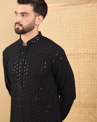 Men's black viscose rayon solid embroidered straight chikankari kurta 2