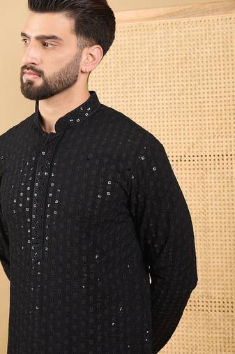 Men's black viscose rayon solid embroidered straight chikankari kurta