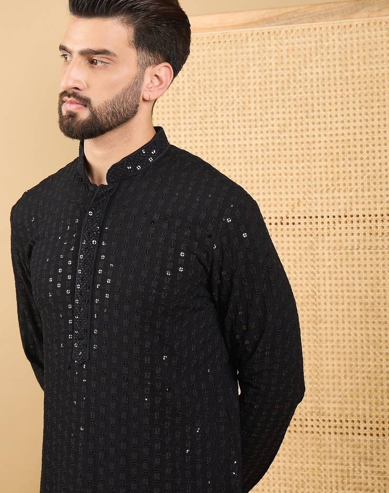 Men's black viscose rayon solid embroidered straight chikankari kurta