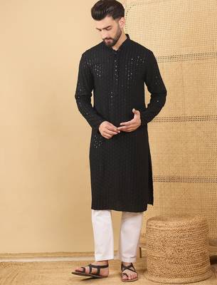 Men's black viscose rayon solid embroidered straight chikankari kurta 1