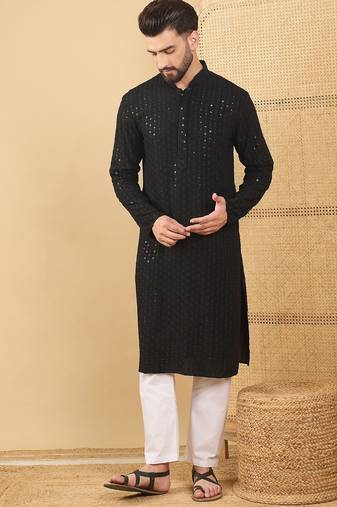 Men's black viscose rayon solid embroidered straight chikankari kurta