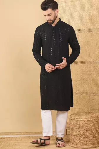 Men's black viscose rayon solid embroidered straight chikankari kurta