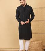 Men's black viscose rayon solid embroidered straight chikankari kurta
