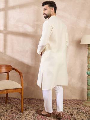 Men off white silk blend solid embroidered straight kurta with trouser 4