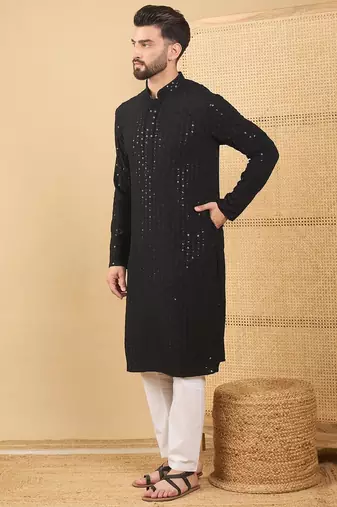 Men's black viscose rayon solid embroidered straight chikankari kurta