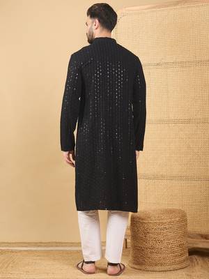 Men's black viscose rayon solid embroidered straight chikankari kurta 4