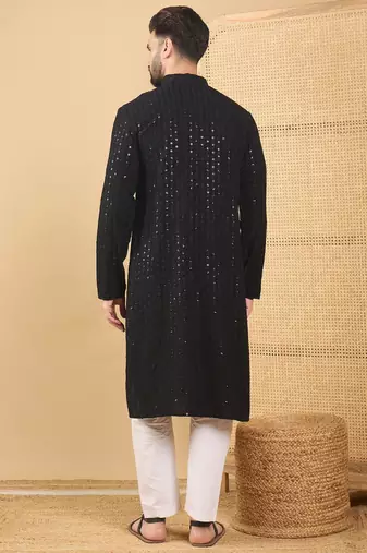Men's black viscose rayon solid embroidered straight chikankari kurta