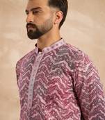 Men maroon silk blend solid embroidered straight kurta sets