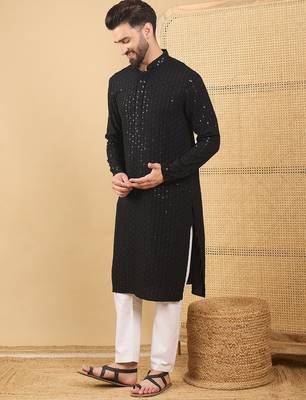 Men's black viscose rayon solid embroidered straight chikankari kurta 5