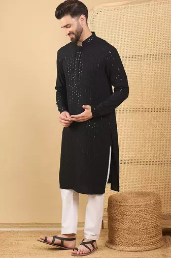 Men's black viscose rayon solid embroidered straight chikankari kurta