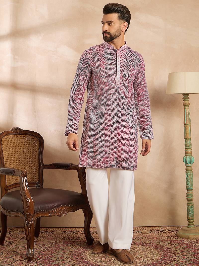 Men maroon silk blend solid embroidered straight kurta sets
