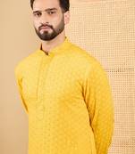 Men's yellow viscose rayon solid embroidered straight chikankari kurta