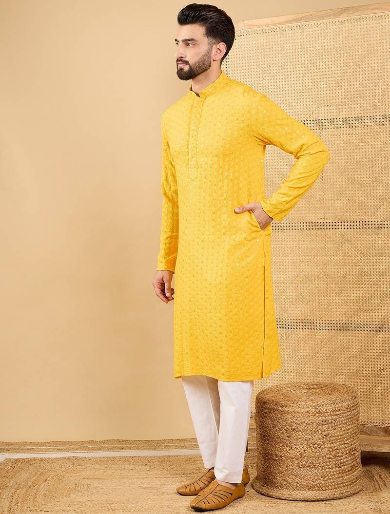 Men's yellow viscose rayon solid embroidered straight chikankari kurta