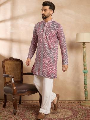 Men maroon silk blend solid embroidered straight kurta sets 3
