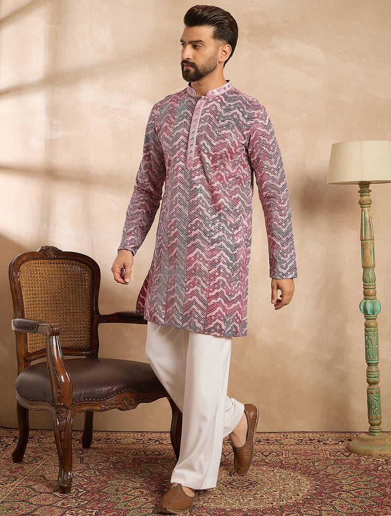 Men maroon silk blend solid embroidered straight kurta sets