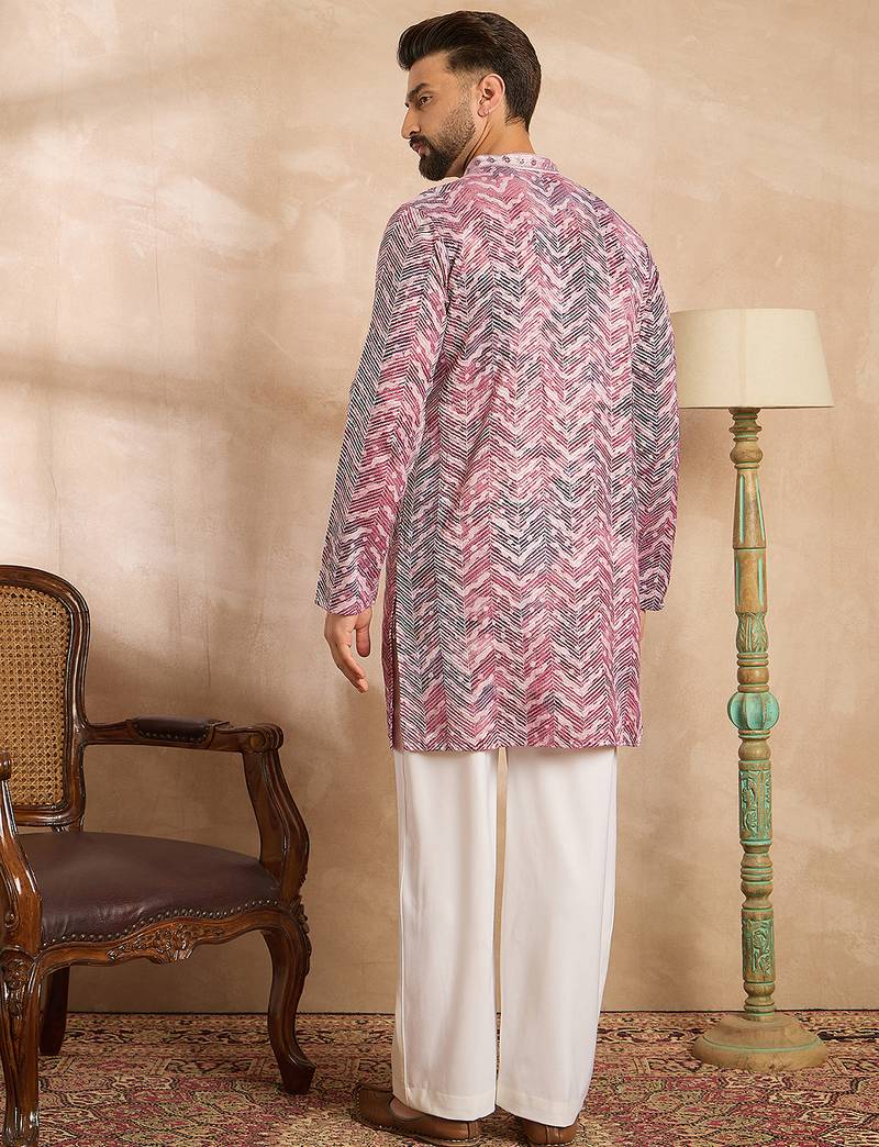 Men maroon silk blend solid embroidered straight kurta sets