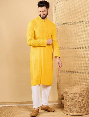 Men's yellow viscose rayon solid embroidered straight chikankari kurta 1