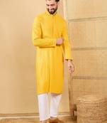 Men's yellow viscose rayon solid embroidered straight chikankari kurta