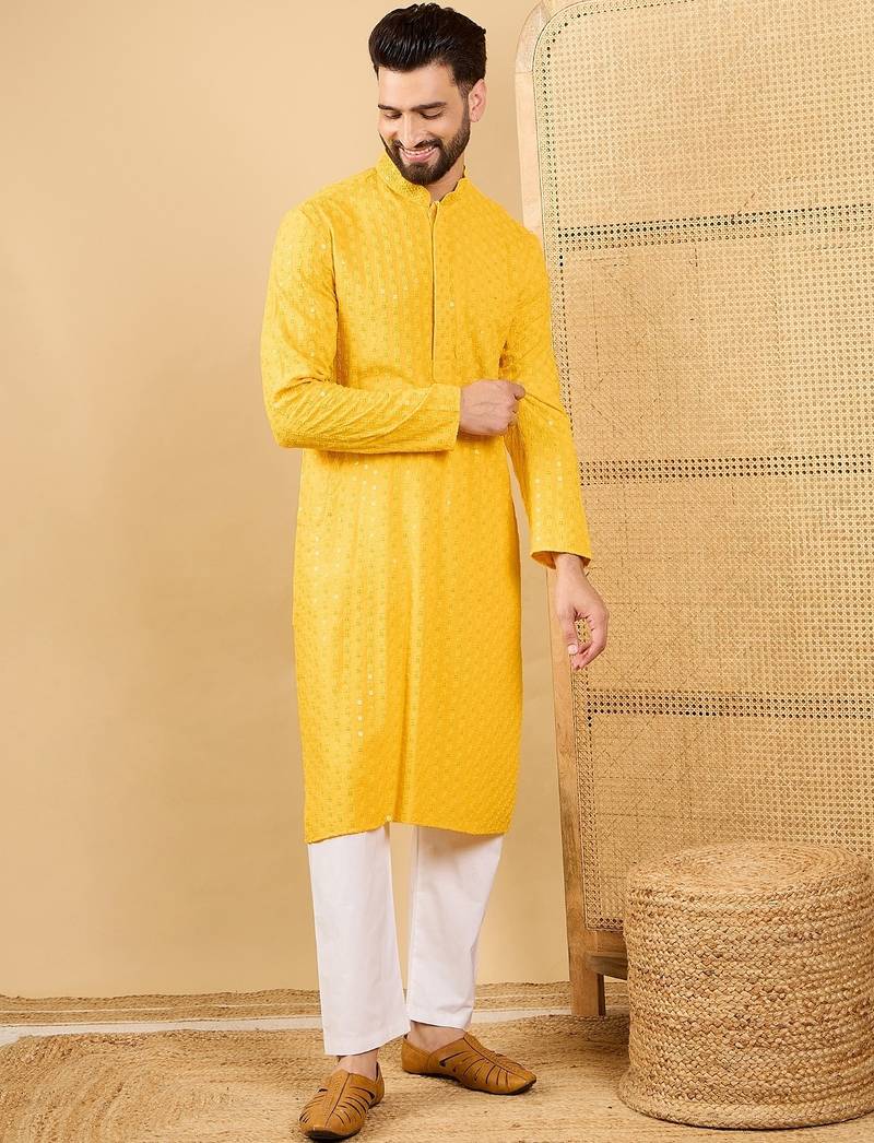 Men's yellow viscose rayon solid embroidered straight chikankari kurta