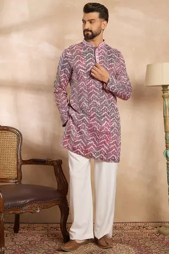 Men maroon silk blend solid embroidered straight kurta sets