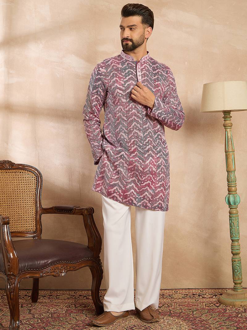 Men maroon silk blend solid embroidered straight kurta sets