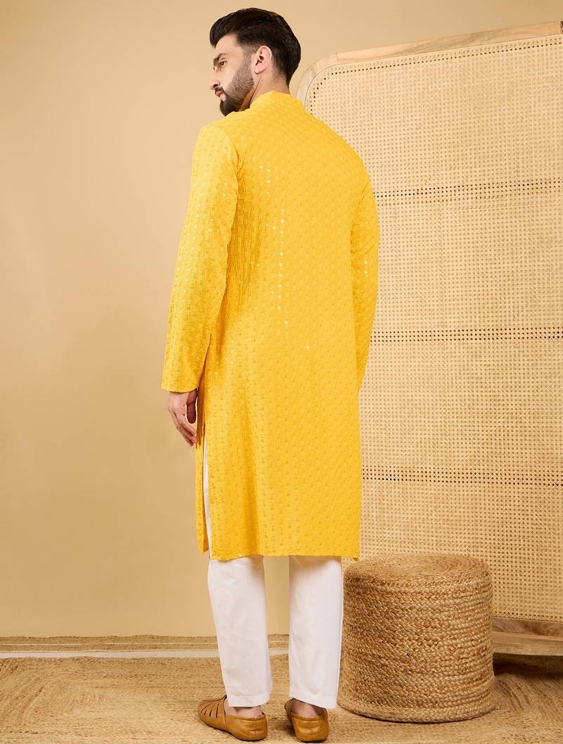 Men's yellow viscose rayon solid embroidered straight chikankari kurta