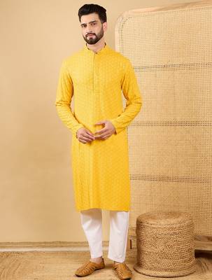 Men's yellow viscose rayon solid embroidered straight chikankari kurta 5