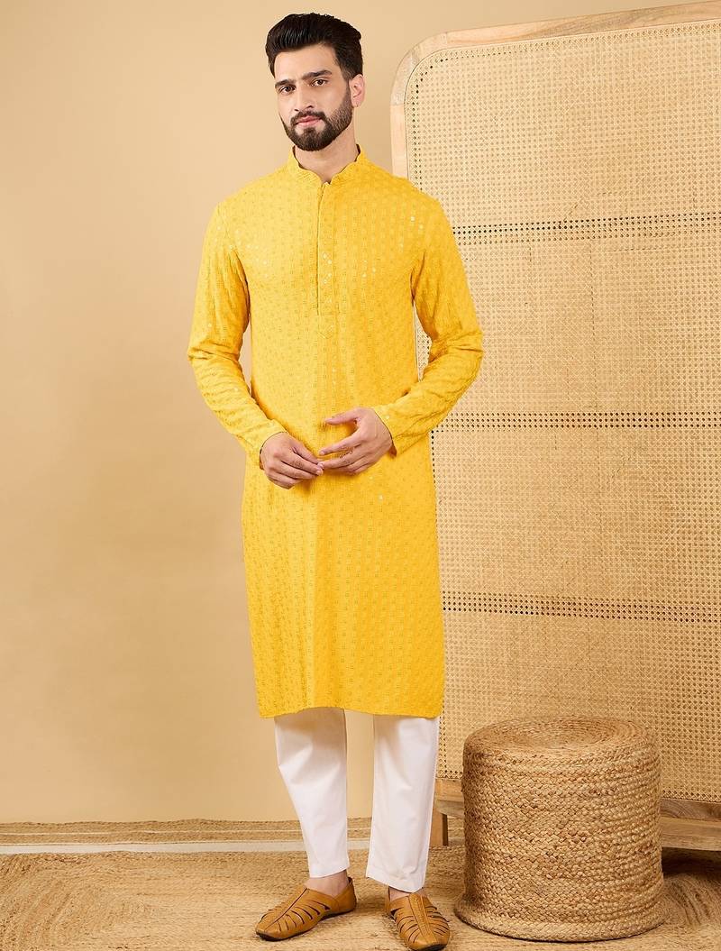 Men's yellow viscose rayon solid embroidered straight chikankari kurta