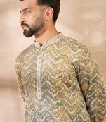 Men green silk blend solid embroidered straight kurta sets