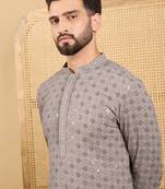 Men's grey viscose rayon solid embroidered straight chikankari kurta