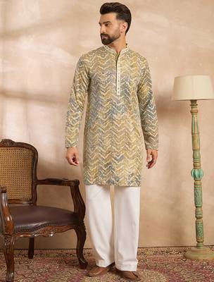Men green silk blend solid embroidered straight kurta sets 2