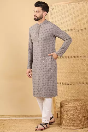 Men's grey viscose rayon solid embroidered straight chikankari kurta