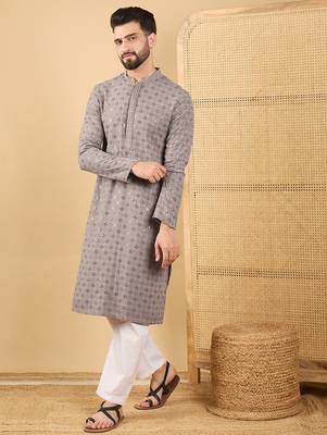 Men's grey viscose rayon solid embroidered straight chikankari kurta 3