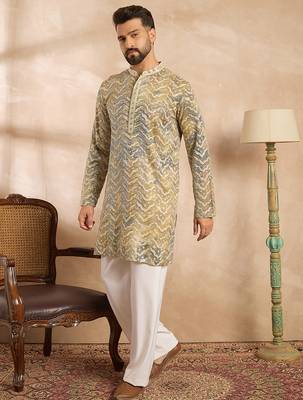 Men green silk blend solid embroidered straight kurta sets 3