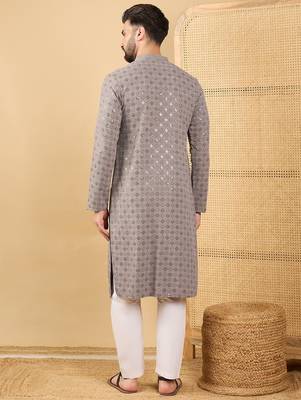 Men's grey viscose rayon solid embroidered straight chikankari kurta 4