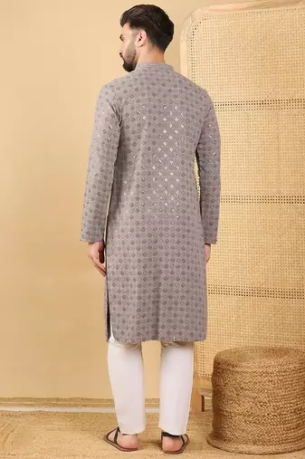 Men's grey viscose rayon solid embroidered straight chikankari kurta