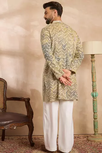 Men green silk blend solid embroidered straight kurta sets