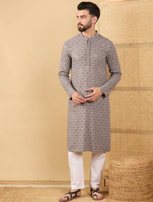 Men's grey viscose rayon solid embroidered straight chikankari kurta 5
