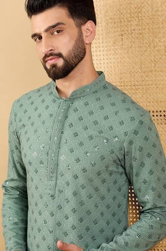 Men's green viscose rayon solid embroidered straight chikankari kurta