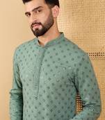 Men's green viscose rayon solid embroidered straight chikankari kurta
