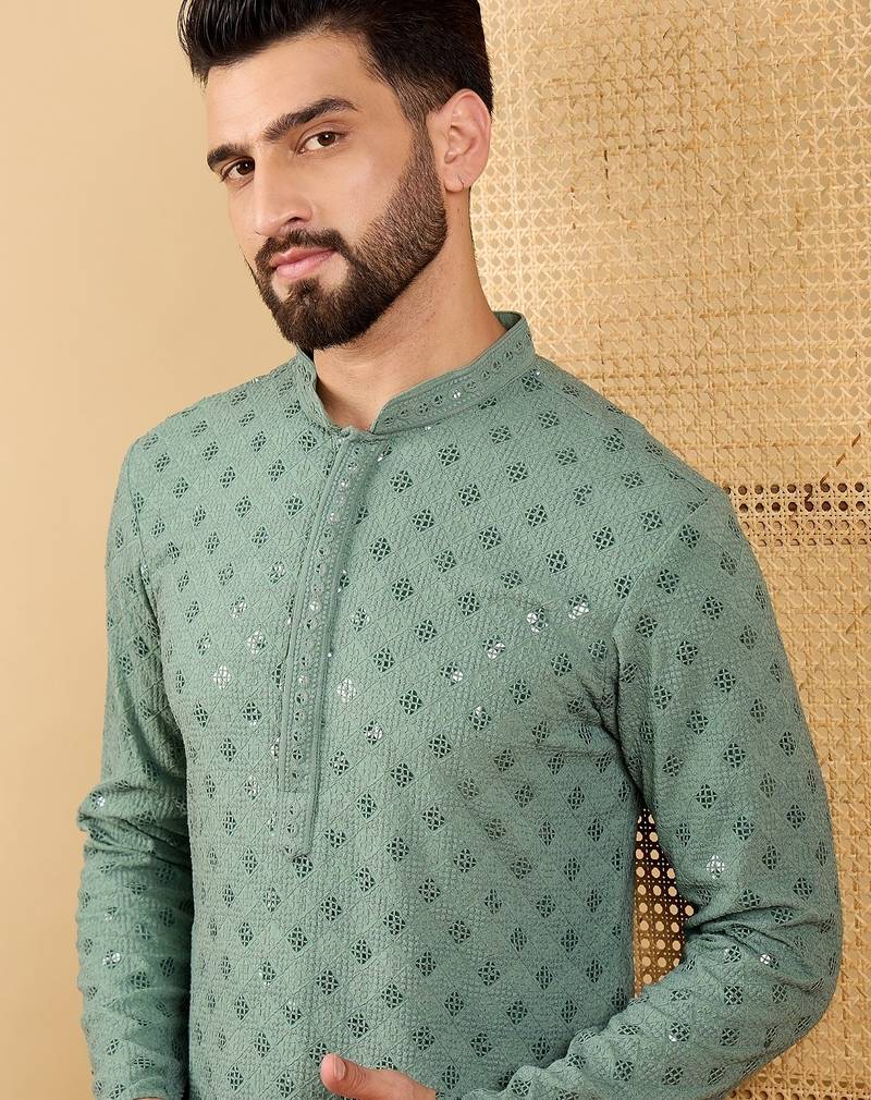 Men's green viscose rayon solid embroidered straight chikankari kurta