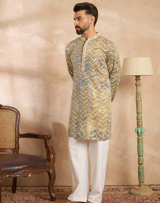 Men green silk blend solid embroidered straight kurta sets 5