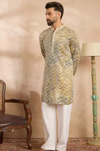 Men green silk blend solid embroidered straight kurta sets