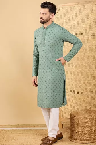 Men's green viscose rayon solid embroidered straight chikankari kurta