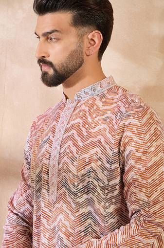 Men orange silk blend solid embroidered straight kurta sets