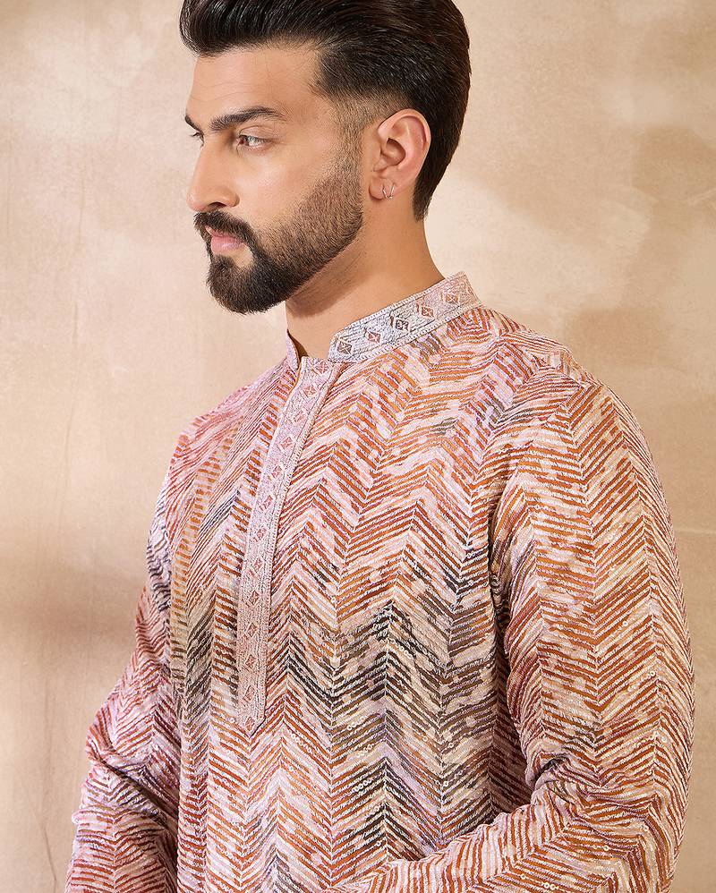 Men orange silk blend solid embroidered straight kurta sets